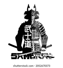 Un poderoso guerrero antiguo con armadura, casco y máscara de batalla con dos espadas.  Jeroglíficos de reclutamiento Bushido - guerrero, samurai, camino. Ilustraciones vectoriales para la impresión de camisetas. Ronin. Tatuaje negro.