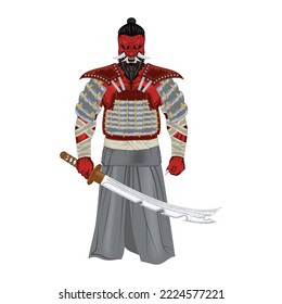 A mighty ancient warrior in armor with sword. Hannya. Onni. Japanese fantasy demon. Illustrations for t shirt print. Color tattoo. Poster in Oriental style for design.
