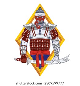 A mighty ancient warrior in armor with sword. Hannya. Onni. Japanese fantasy demon. Illustrations for t shirt print. Color tattoo. Poster in Oriental style for design.