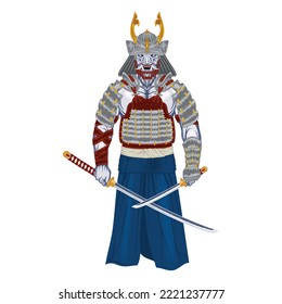 A mighty ancient warrior in armor with two swords. Hannya. Onni. Japanese fantasy demon. Illustrations for t shirt print. Color tattoo. Poster in Oriental style for design.