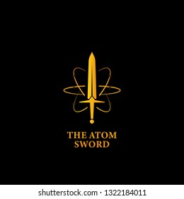 The mighty atom sword logo icon, super power magic sword logo symbol in gold color with atom orbit line illustration