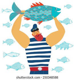 The mighty cartoon sailor with big fish on white background.