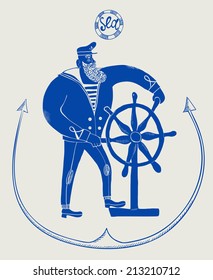 The mighty cartoon sailor with ship's wheel. Vector illustration