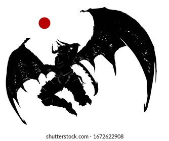 A mighty demon with a two-handed jagged sword tears into battle on its demonic wings, preparing to deliver a mighty blow. View from below. 2d illustration.
