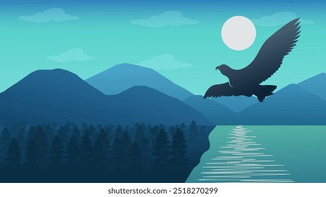 Águila poderosa que vuela sobre el bosque y el lago - hermosos paisajes 2d Fondo de pantalla de la silueta