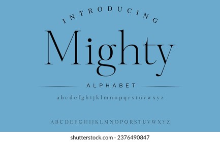 Mighty Elegant Luxus abstrakte Hochzeitsmode Logo Schriftart. Minimale klassische urbane Schriftarten für Logo, Marke etc. Typografie Schrift Groß- und Kleinschreibung und Zahl. Vektorgrafik