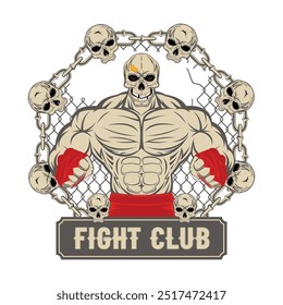 Poderoso luchador en el octágono. Club de pelea. Guerrero callejero. Campeón de combate. Ilustraciones para estampado de camiseta. Conjunto de logotipos deportivos dibujados a mano, insignias, etiquetas. Afiche deportivo. Tatuaje.