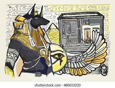 Mighty Great dark Anubis on Egypt background. Hand drawn Egypt  vector illustration.