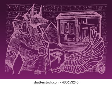 Mighty Great dark Anubis on Egypt background. Hand drawn Egypt  vector illustration.