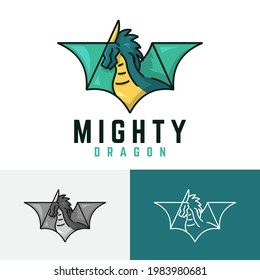 Mighty Horned Green Dragon Flying Wings Strong Legendary Logo