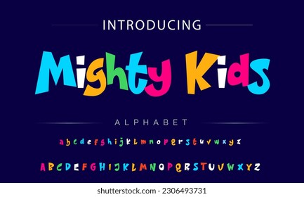 Mighty Kids Funky colorful cartoon font type. Vector alphabet