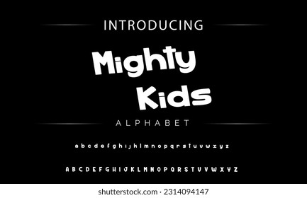 Mighty Kids Playful style font design, childish alphabet letters and numbers vector illustration