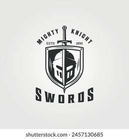 mighty knight with shield and swords logo vector vintage illustration icon graphic design, template for web or business 