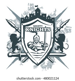 Mighty knights print with warrior at shield castle crossed weapon  heraldic symbols on grunge background vector illustration 