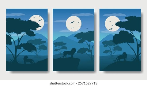 The Mighty Lion - Portrait Silhouette Design Set, Beautiful 2D Landscape Silhouette Wallpaper Set