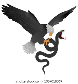 The mighty mountain eagle torments a big black snake. Vector illustration.