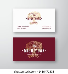 Mighty Oak Abstract Vector Logo and Business Card Template. Hand Drawn Tree Sketch Sillhouette with Retro Typography. Premium Stationary Realistic Mock Up. Isolated.