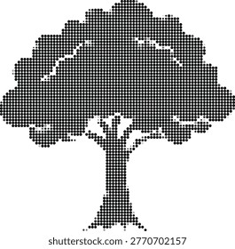 Mighty oak tree silhouette, dense leaves canopy, halftone dot pattern art, monochrome botanical illustration asset.