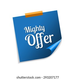 Mighty Offer Blue Sticky Notes Vector Icon Design