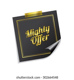 Mighty Offer Golden Sticky Notes Vector Icon Design