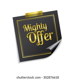 Mighty Offer Golden Sticky Notes Vector Icon Design