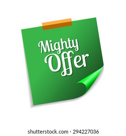 Mighty Offer Green Sticky Notes Vector Icon Design