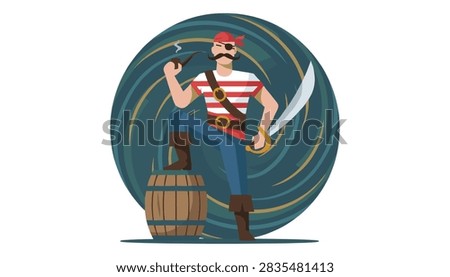 Mighty pirate captain standing on a wooden barrel holding a sword and smoking a pipe on abstract background.