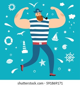 Mighty pirate sailor with decorative elements on background, such as seagull, lighthouse, wheel, ship, cloud, shell,sun, stars. Cartoon illustration for your design.