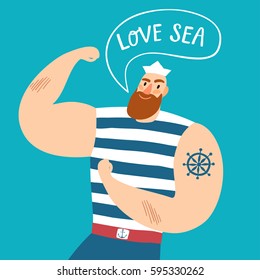 Mighty pirate sailor with speech bubble. Love sea title. Cartoon illustration for your design.