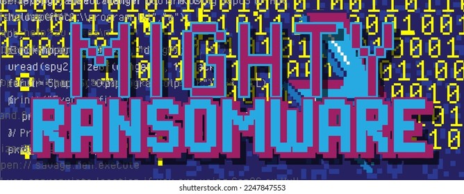 Mighty Ransomware. Pixelated word with geometric graphic background. Vector cartoon illustration.