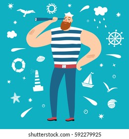 The mighty sailor with spyglass. Including decorative elements on background, such as seagull, lighthouse, wheel, ship, cloud, shell,sun, stars. Cartoon illustration for your design.