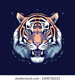 El poderoso tigre: Ilustración vectorial de la cabeza de un tigre sobre un fondo azul con ojos azules perfilantes, sutiles tonalidades de morado y naranja