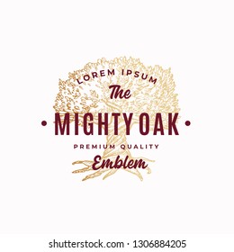 Mighty Tree Abstract Vector Sign, Symbol or Logo Template. Hand Drawn Oak Tree Sketch Sillhouette with Retro Typography. Vintage Emblem. Isolated.