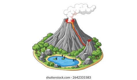 A Mighty Volcano Landscape Pixel Art Illustration Showing Nature's Untamed Power and Beauty