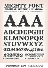 Mighty Western Font Regular, Shadow And Grunge/
Illustration of an alphabet set with design characters, containing regular, grunge and shadow version, numbers and special marks and symbols