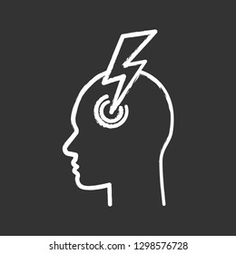 Migraine chalk icon. Human head with lightning bolt. Thunderclap headache. Temple pressure, tension, pain. Flu symptom. Isolated vector chalkboard illustration