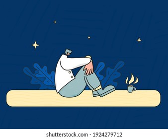 Migraine concept. Psychological issues. Young persons sitting on the floor with headache isolated on white background. Male character with special needs. Man feeling sick. Vector illustration.