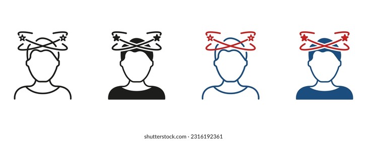 Migraine, Dizziness, Headache, Distracted Head Line and Silhouette Icon Set. Man Feel Dizzy Pictogram. Tired Man with Nausea Symbol Collection. Isolated Vector Illustration.
