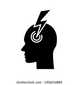 Migraine glyph icon. Silhouette symbol. Human head with lightning bolt. Thunderclap headache. Temple pressure, tension, pain. Flu symptom. Negative space. Vector isolated illustration