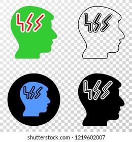 Migraine head EPS vector pictogram with contour, black and colored versions. Illustration style is flat iconic symbol on chess transparent background.