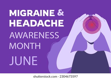 Migraine headache awareness month poster template with woman holding her head with hands, suffering from ache. Vector illustration