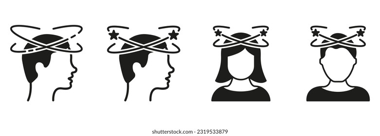 Migraine, Headache, Dizziness, Distracted Head Symbol Collection on White Background. Man and Woman Feel Dizzy Silhouette Black Icon Set. Tired People with Nausea Pictogram. Vector Illustration.