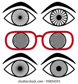 Migraine Headache. Eyes, eyeglasses with spiral design patterns. Concept for stress, strain, fatigue, visual confusion, optical illusions, health care issues. EPS10 compatible.