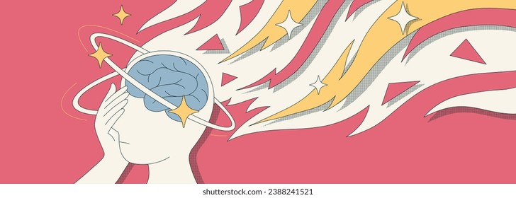 Migraine and headache horizontal banner. Vector illustration for pain, depression, stress, healthcare, sickness, disease. Sinus, tension, hypertension, migraine, and cluster headache. Overwork, stress