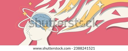 Migraine and headache horizontal banner. Vector illustration for pain, depression, stress, healthcare, sickness, disease. Sinus, tension, hypertension, migraine, and cluster headache. Overwork, stress