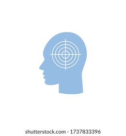 Migraine headache icon - human head in profile with target symbol. Person experiencing pain, fatigue or disease symptom - isolated flat vector illustration.