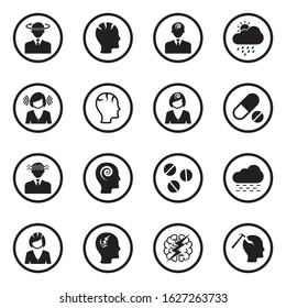 Migraine And Headache Icons. Black Flat Design In Circle. Vector Illustration.