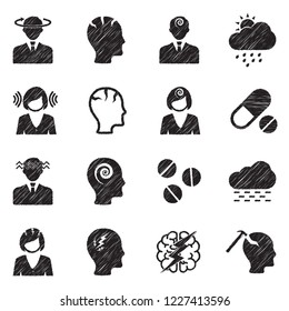 Migraine And Headache Icons. Black Scribble Design. Vector Illustration.