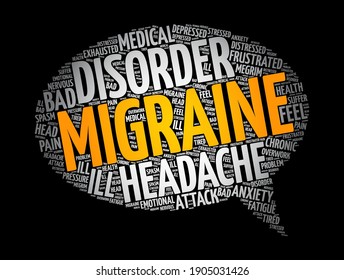 Migraine is a headache that can cause severe throbbing pain or a pulsing sensation, word cloud concept background