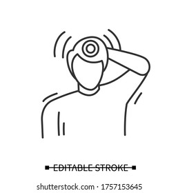 Migraine icon. Man avatar touches back of his head in severe pulsating headache. Concept linear pictogram for stress disorder, head pain and health trouble. Editable stroke vector illustration